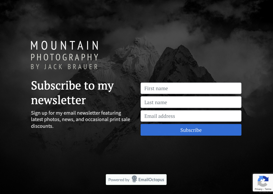 MountainPhotography.com newsletter signup page